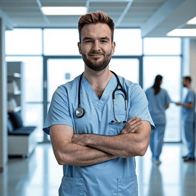 Pixme AI output of a man in medical scrubs.