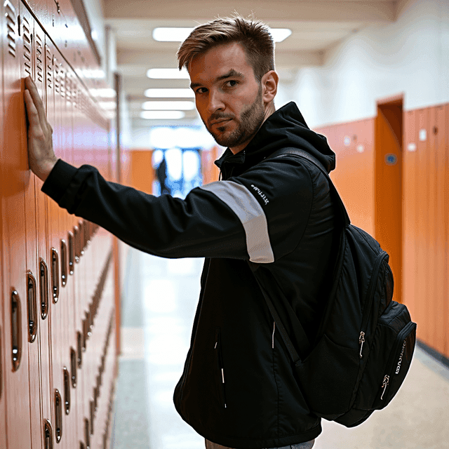 Pixme AI output of a man standing beside school lockers.