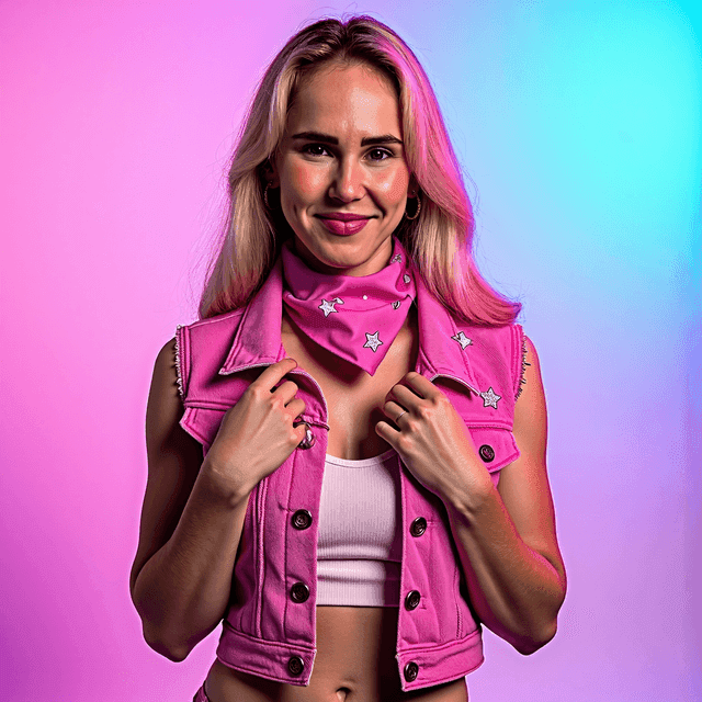 Pixme AI output of a woman in a pink studio portrait.