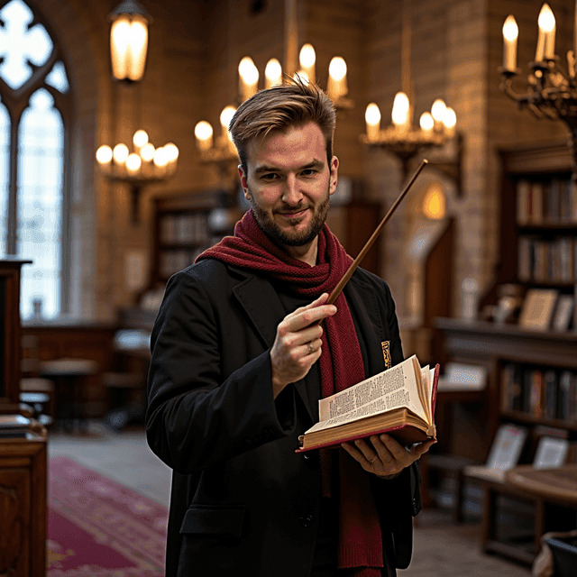 Pixme AI output of a man in a fantasy library scene.