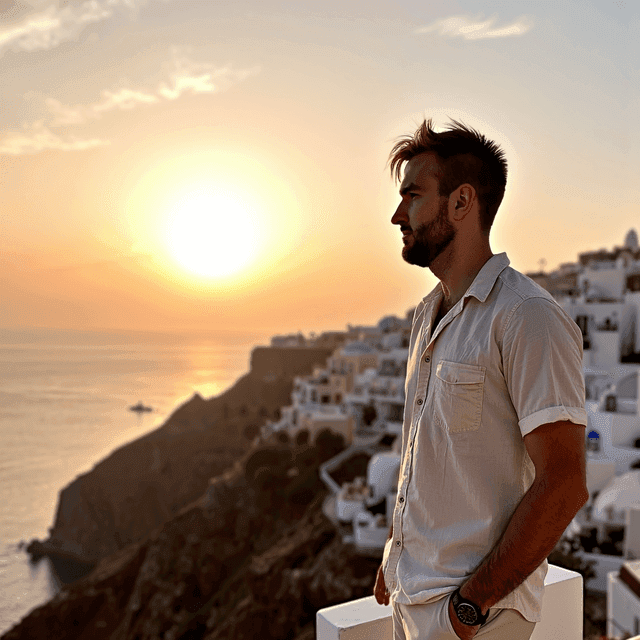 Pixme AI output of a man at sunset in Santorini.